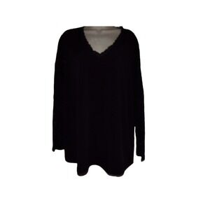 Susan Graver Liquid Knit black v neck lace trimmed top 2X long lace sleeves